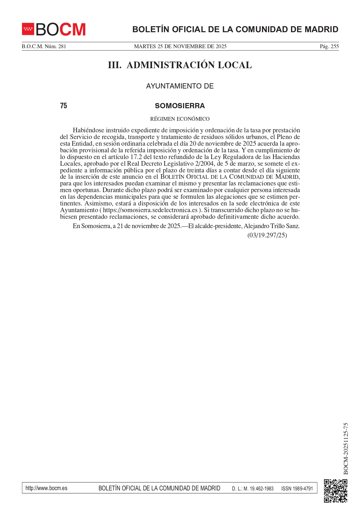 ANUNCIO BOCM APROBACIÓN PROVISIONAL TASA DE RESIDUOS