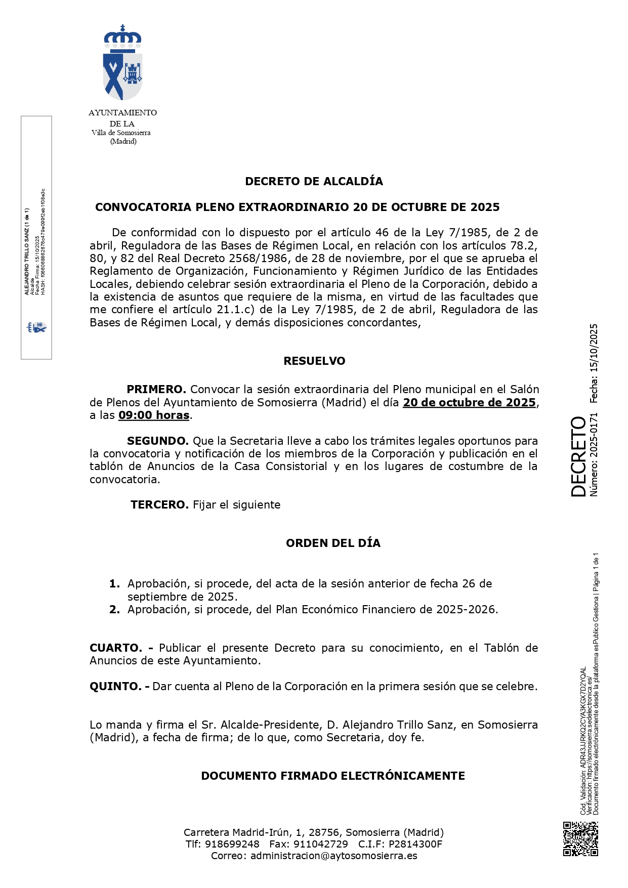 DECRETO convocatoria pleno extaordinario 20 octubre