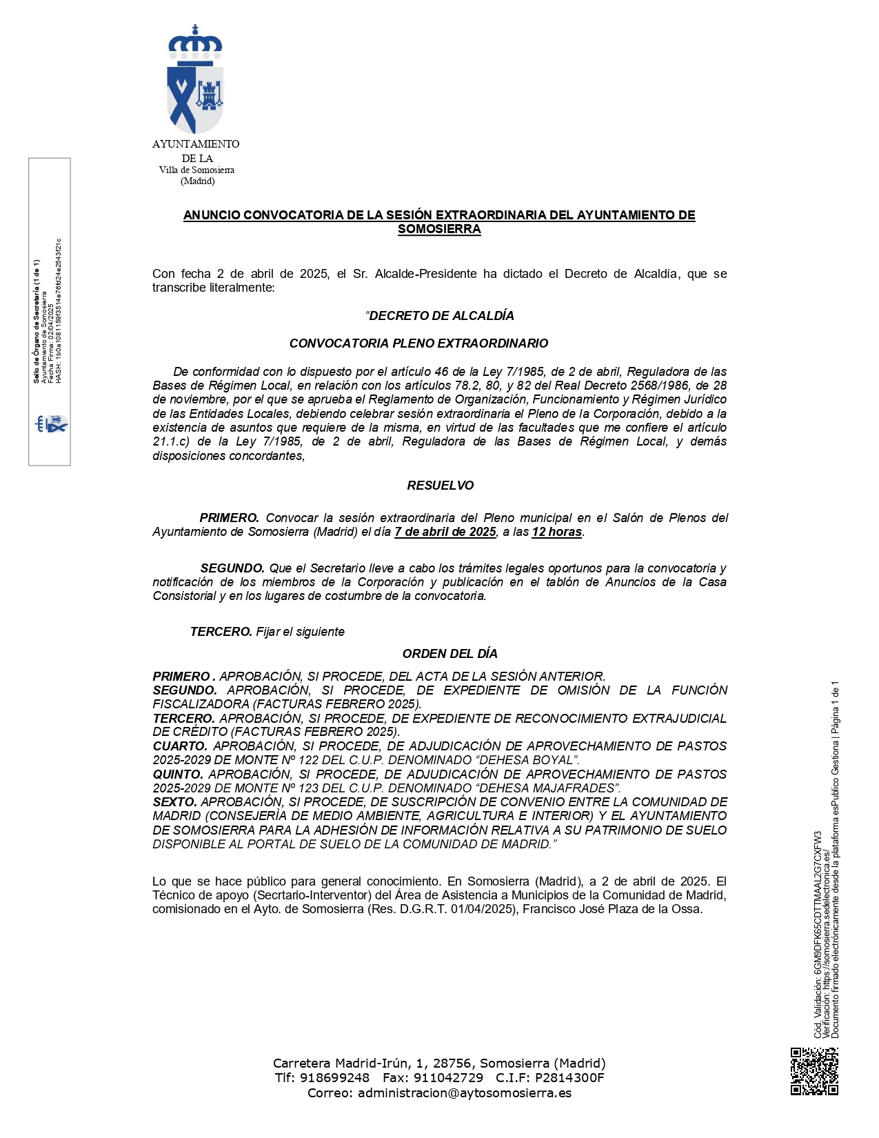 Decreto Convocatoria pleno 07 04 2025