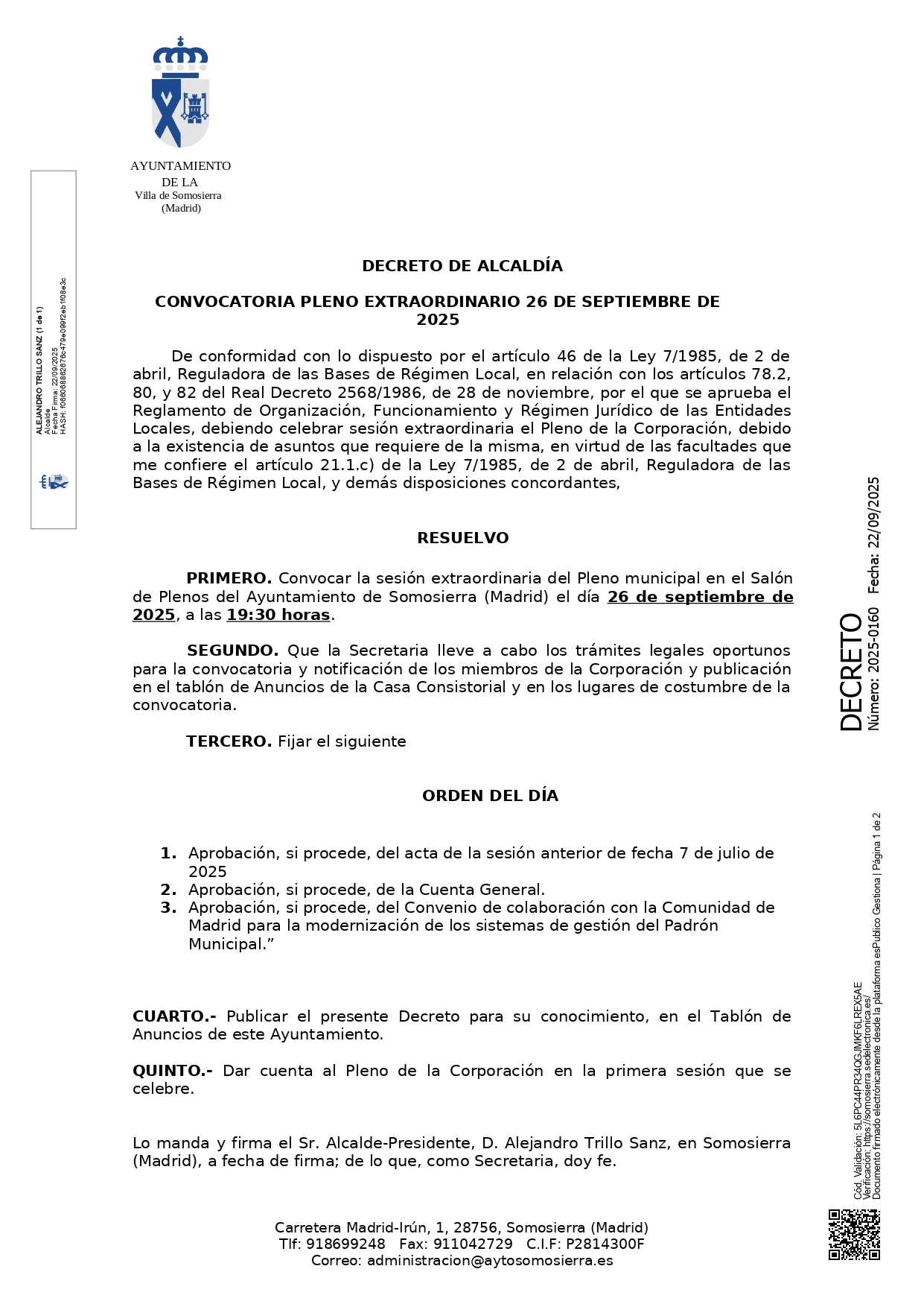 Decreto convoc pleno extraordinario 26 09 2025