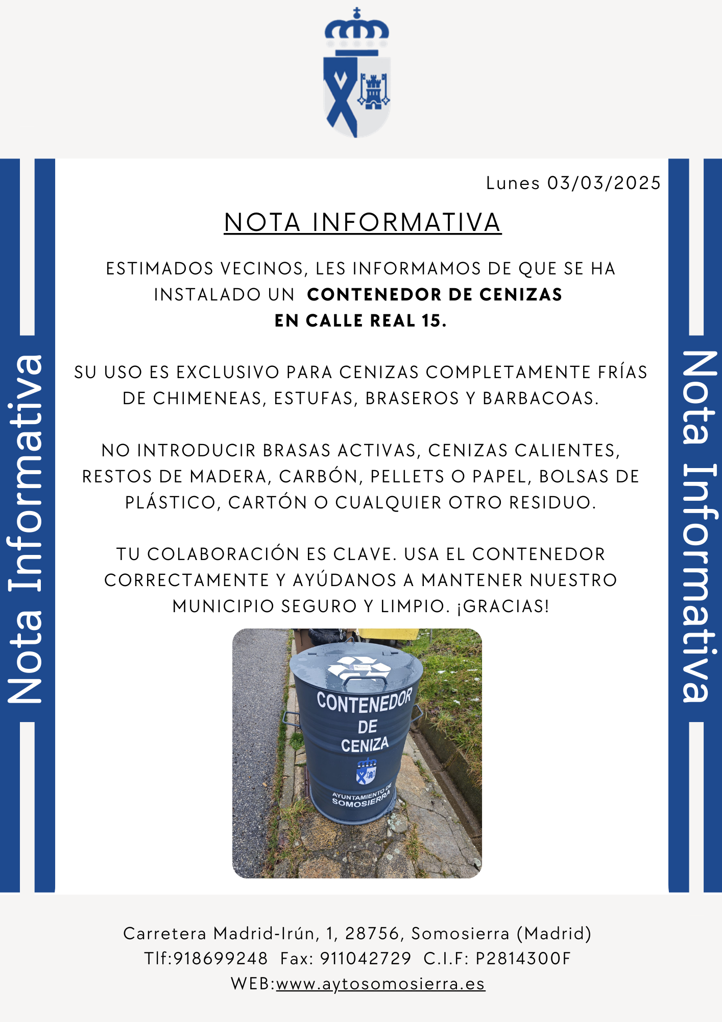 Nota Informativa Contenedor de Cenizas