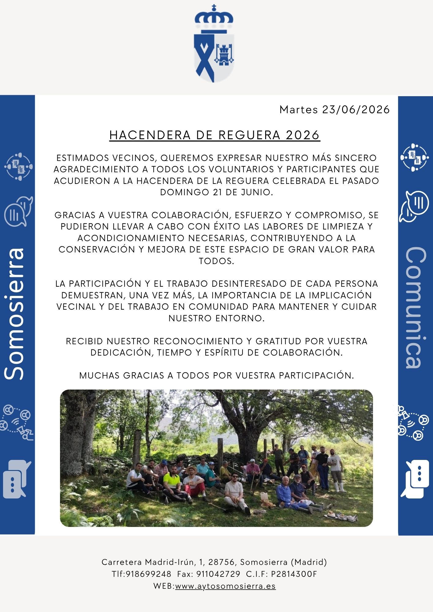 Comunicado de Agradecimiento Hacendera Reguera 2026