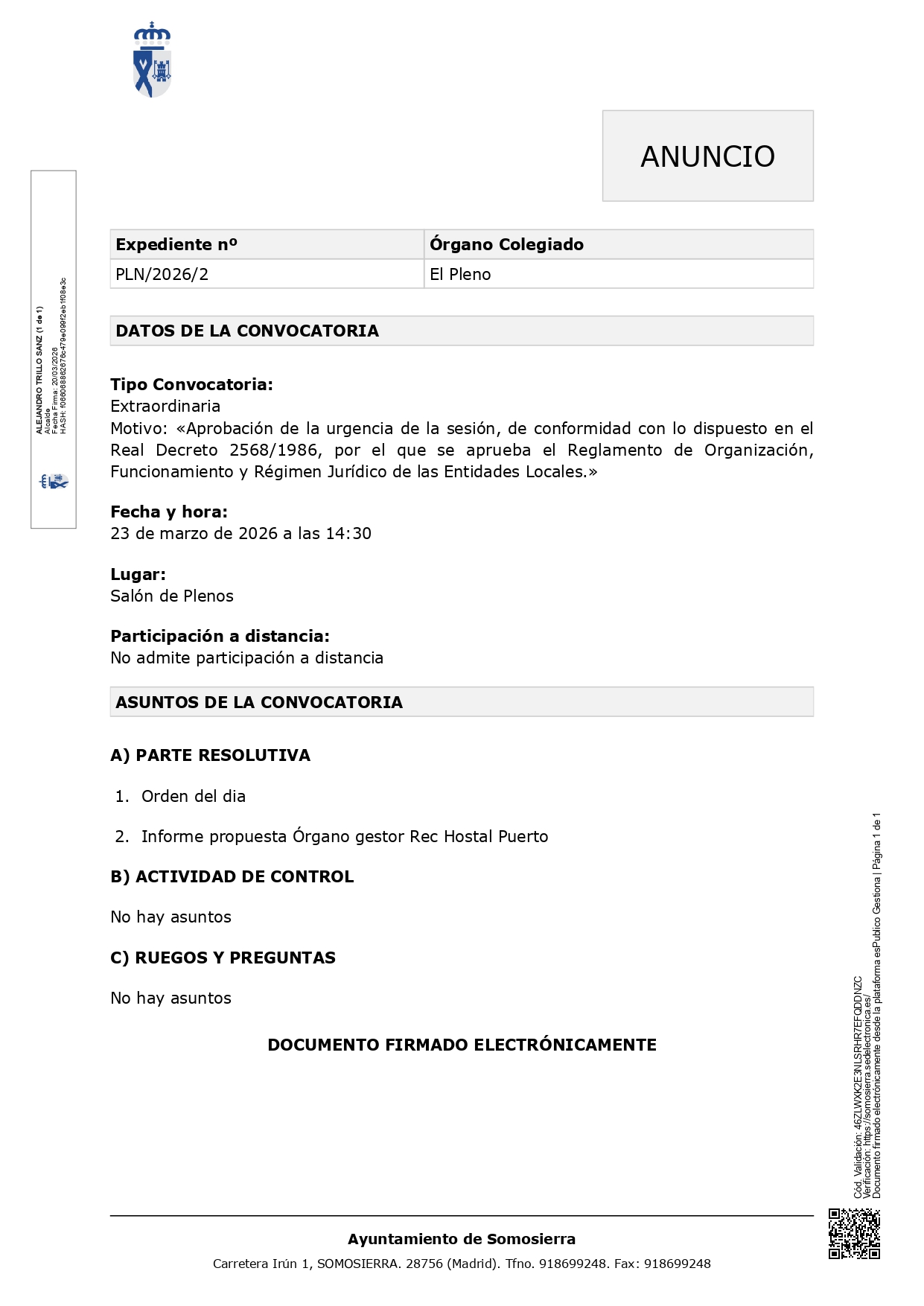 DECRETO CONVOCATORIA DE PLENO EXTRAORDINARIO 23 03 26