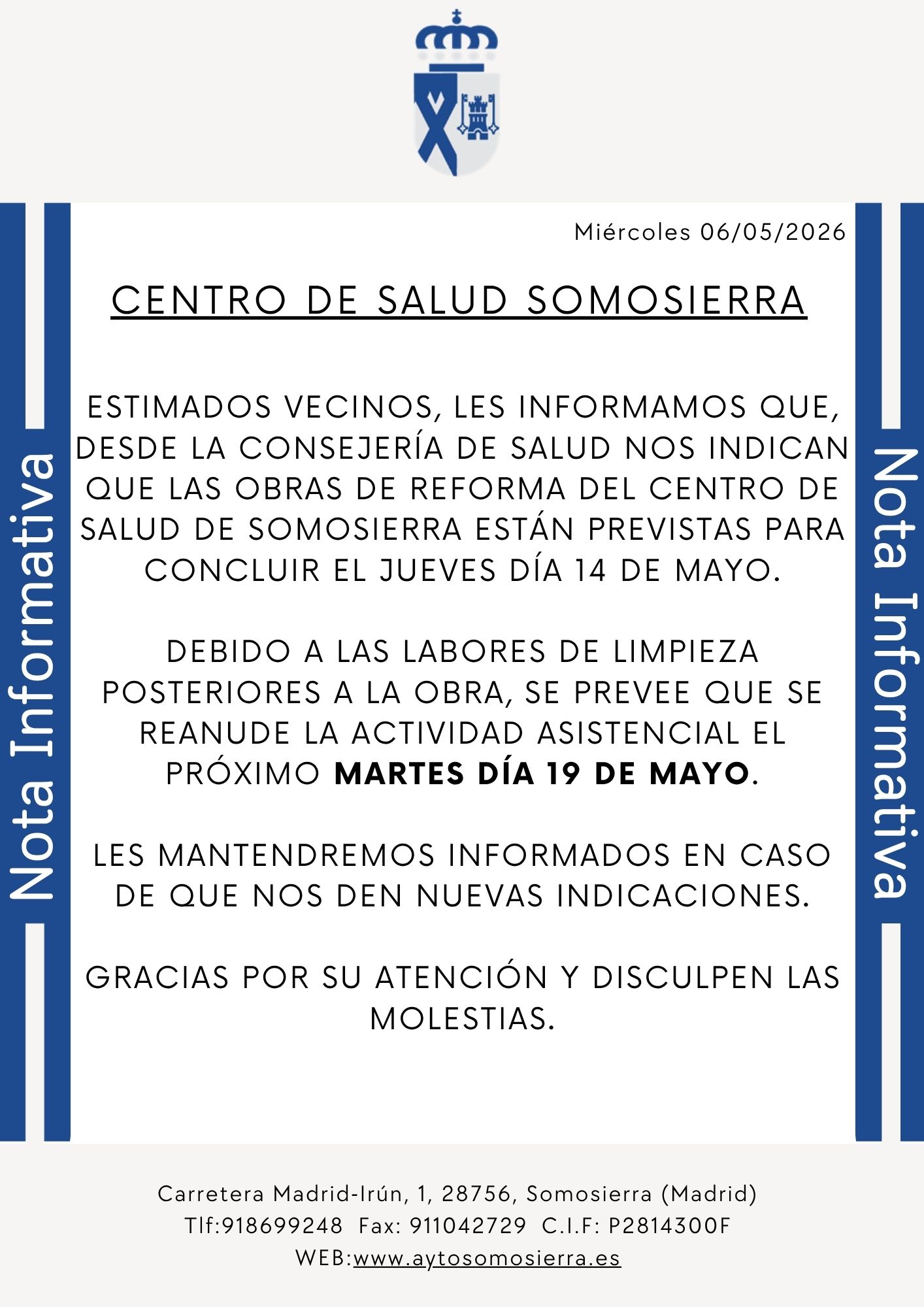Nota Informativa Fin Obra Centro de Salud